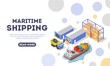 © Yuliia Pavla - Maritime delivery landing page template. Shipping, logistic, distribution, export, transportation concept for web. Main stages of goods storage and carriage. Vector isometric. Place for text.