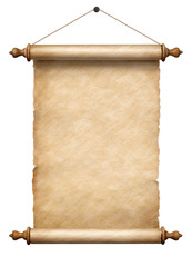 Wall Mural - old vertical paper scroll hanging on rope isolated