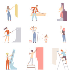 Poster - Set With People Painting The Wall Men Women And Children Flat Vector Illustration