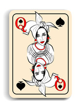 Ancient Playing Card With The Image Of A Beautiful Girl In The National Headdress, Queen Of Spades