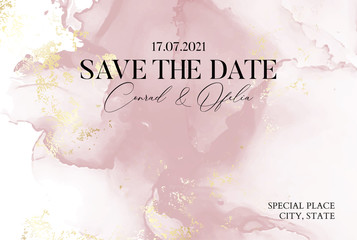 Hand-drawn marble texture in soft pink colors with watercolor fluid ink and golden foil glitter. Chic business cover, Save the Date card