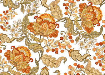 Fantasy floral seamless pattern in jacobean embroidery style, vintage, old, retro style. Vector illustration in soft orange and green colors Isolated on white background.