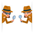 Detective female snoop magnifying glass tec peeking out corner search help noir cute character cartoon design isolated vector illustration