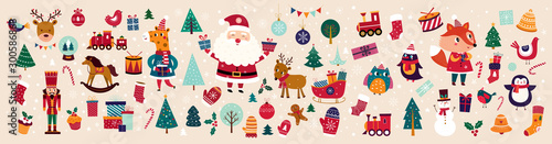 Fotomural Christmas decorative banner with funny Santa Claus, nutcracker, locomotive and gift boxes and many others