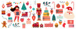 Christmas decorative banner with Santa Claus, nutcracker, locomotive, girls, gingerbread and gift boxes in vintage style