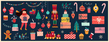 Christmas Decorative Banner With Santa Claus, Nutcracker, Locomotive, Girls, Gingerbread And Gift Boxes In Vintage Style
