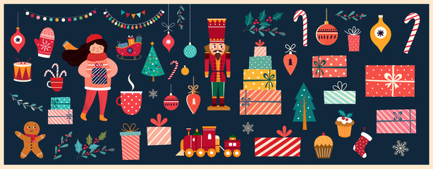 Wall Mural - christmas decorative banner with santa claus, nutcracker, locomotive, girls, gingerbread and gift bo
