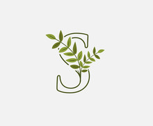Green Letter S Leaf Icon Logo Design Concept, Floral Logo Icon Design. Hand Drawn Floral With Letter.
