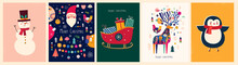 Christmas Banner With Snowman, Sleigh, Deer, Penguin And Christmas Toys In Vintage Style