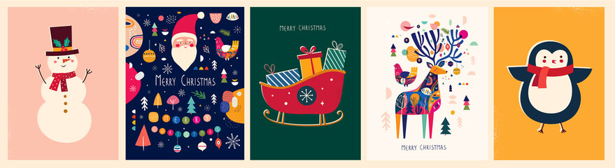 Wall Mural - Christmas banner with snowman, sleigh, deer, penguin and Christmas toys in vintage style