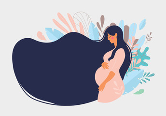 Cute pregnant woman with long hair on a background of blue leaves. The concept of pregnancy, motherhood, family. Flat design with copy space.  Stock vector isolated on white background