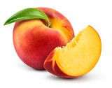 Fototapeta  - Peach isolate. Peach slice. Peach with leaf on white background. Full depth of field. With clipping path.