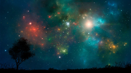 Wall Mural - Space background. Colorful nebula with land and tree silhouette. Elements furnished by NASA. 3D rendering