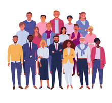Modern Business Team. Vector Illustration Of Diverse Business People And Company Members, Standing Behind Each Other. Isolated On White.
