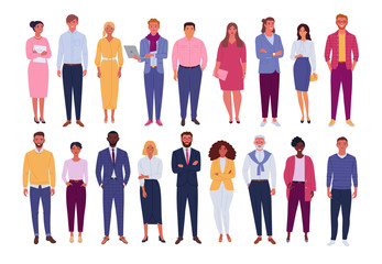 Wall Mural - Office people collection. Vector illustration of diverse cartoon standing men and women of various races, ages and body type. Isolated on white.