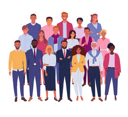 Wall Mural - Modern business team. Vector illustration of diverse business people and company members, standing behind each other. Isolated on white.
