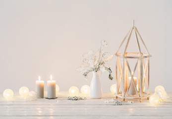 Christmas decorations on background white wall