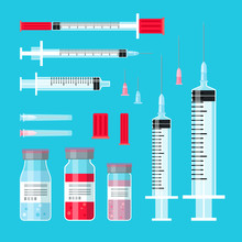 Vaccine Cure Syringes. Syringe Shot Medical Objects, Shots And Injection Needles, Vaccines Bottles Medicine Illustration Treatment Vector Illustration