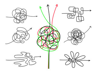 Confusing difficult arrows. Tangle scribbles with arrow, simple lines knot designs, chaos tangled drawing wires or messy scribble threads isolated on white background, vector illustration