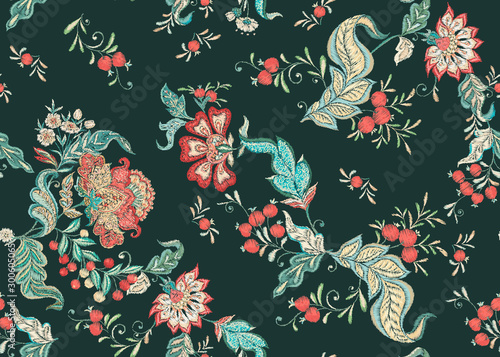 Cotton fabric Fantasy floral seamless pattern in jacobean embroidery imitation, vintage, old, retro style. Vector illustration in soft coral and turquoise colors.