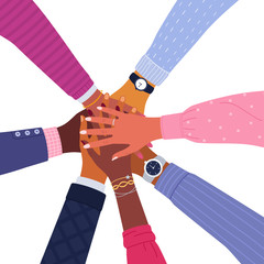 Wall Mural - unity and teamwork concept. vector illustration of close up top view of young diverse business peopl