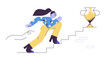 © lankogal - Young adult woman walking up the stairs with golden cup on the top to her goal. Career progression, reaching aim, motivation, aspiration, growth, leadership. Modern vector illustration.