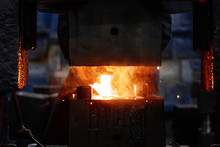 Metal Forging, Forging Shop. Hydraulic Hammer Shapes The Red-hot Billet. The Production Of High-tech Parts