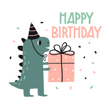 Happy Birthday. Lovely Vector Illustration With Funny Dinosaur