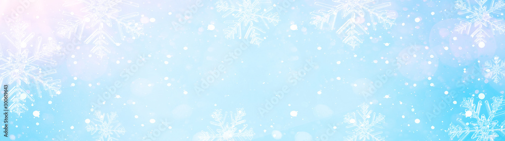 snowflakes and ice crystals isolated on blue sky - winter background panorama banner long - obrazy, fototapety, plakaty 