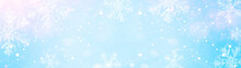 Snowflakes And Ice Crystals Isolated On Blue Sky - Winter Background Panorama Banner Long