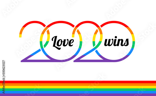 Cuadros en Lienzo Pride 2020 rainbow logo, rainbow flag, Love wins text on white background - vect