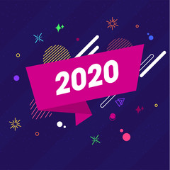 Wall Mural - 2020 text in pink ribbon with abstract elements decorated on purple strip background for Happy New Year celebration.