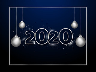 Poster - 2020 text with hanging silver baubles decorated on blue background can be used as greeting card design.