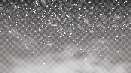 Wall Mural - Falling snow on a transparent background. Snow clouds or shrouds. Fog, snowfall. Abstract snowflake background. Fall of snow. Vector illustrator 10 EPS.
