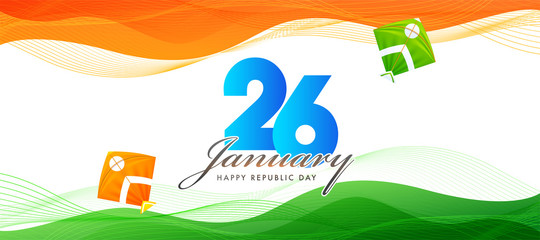 Sticker - 26 January, Happy Republic Day header or banner design with kites, wavy saffron and green color pattern on white background.