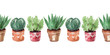 Watercolor Border Collection of cacti in pots