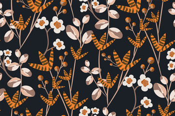 Wall Mural - Seamless floral pattern. Colorful flowers, plants, berries on a dark brown background. Modern vintage design. Template for fashion prints, fabrics, Wallpaper, interior... Vector illustration.