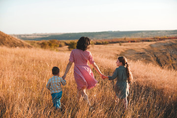 Poster - mother walking with children in grass