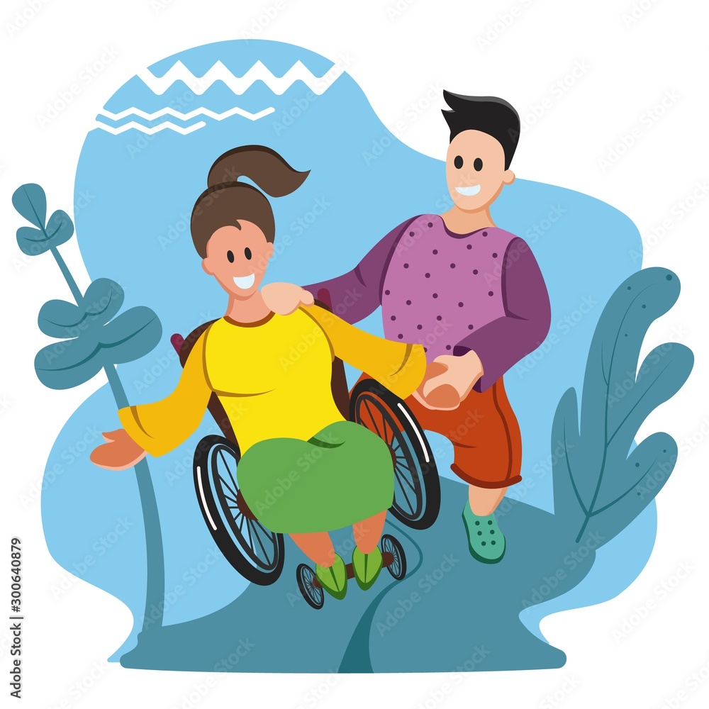 Young Disabled Woman Sitting in Wheelchair, a Young Man Helps Her ...