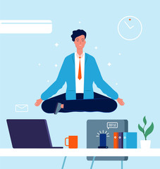 Sticker - Business character yoga. Manager sitting on office table in lotus pose stress at work business concept vector pictures. Office character lotus, employee worker illustration