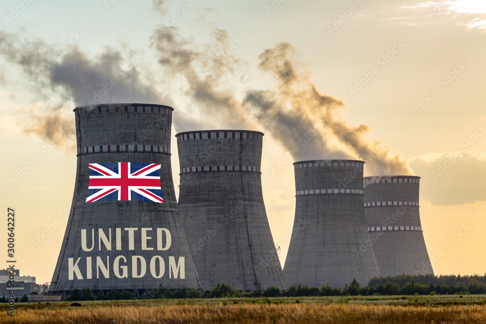 Nuclear plant chimneys displaying flag of UK with according text. Energy  pollution accidents in United Kingdom concept. Stock Photo | Adobe Stock