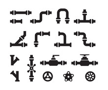 Pipe Icons. Metal Industry Water Pipelines Valve Constructions Connectors Steel Vector Pipes Silhouettes. Part Of Pipe Tube, Pipeline For Water Illustration
