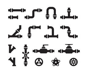 pipe icons. metal industry water pipelines valve constructions connectors steel vector pipes silhoue
