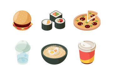 Sticker - Fast food isometric. Burger sushi pizza cold drinks hot dog donuts ice cream junk unhealthy food vector icon collection. Fast food isometric and drinks illustration, snack and ice cream