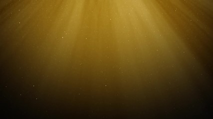 Wall Mural - Beautiful Gold Floating Dust Particles with Flare on Black Background in Slow Motion. Looped 3d Animation of Dynamic Wind Particles In The Air With Bokeh.
