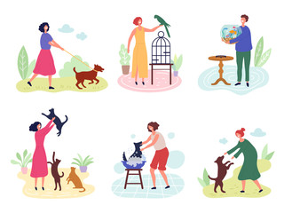 Sticker - People with pets. Dog cats fishes birds rabbits love for domestic animals vector characters. Illustration bird and fish, dog and cat with owner