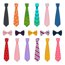 Tie And Bows. Colored Fashion Clothes Accessories For Men Shirts Suits Vector Collections Of Ties. Tie Bow And Necktie, Man Accessory Clothes Illustration