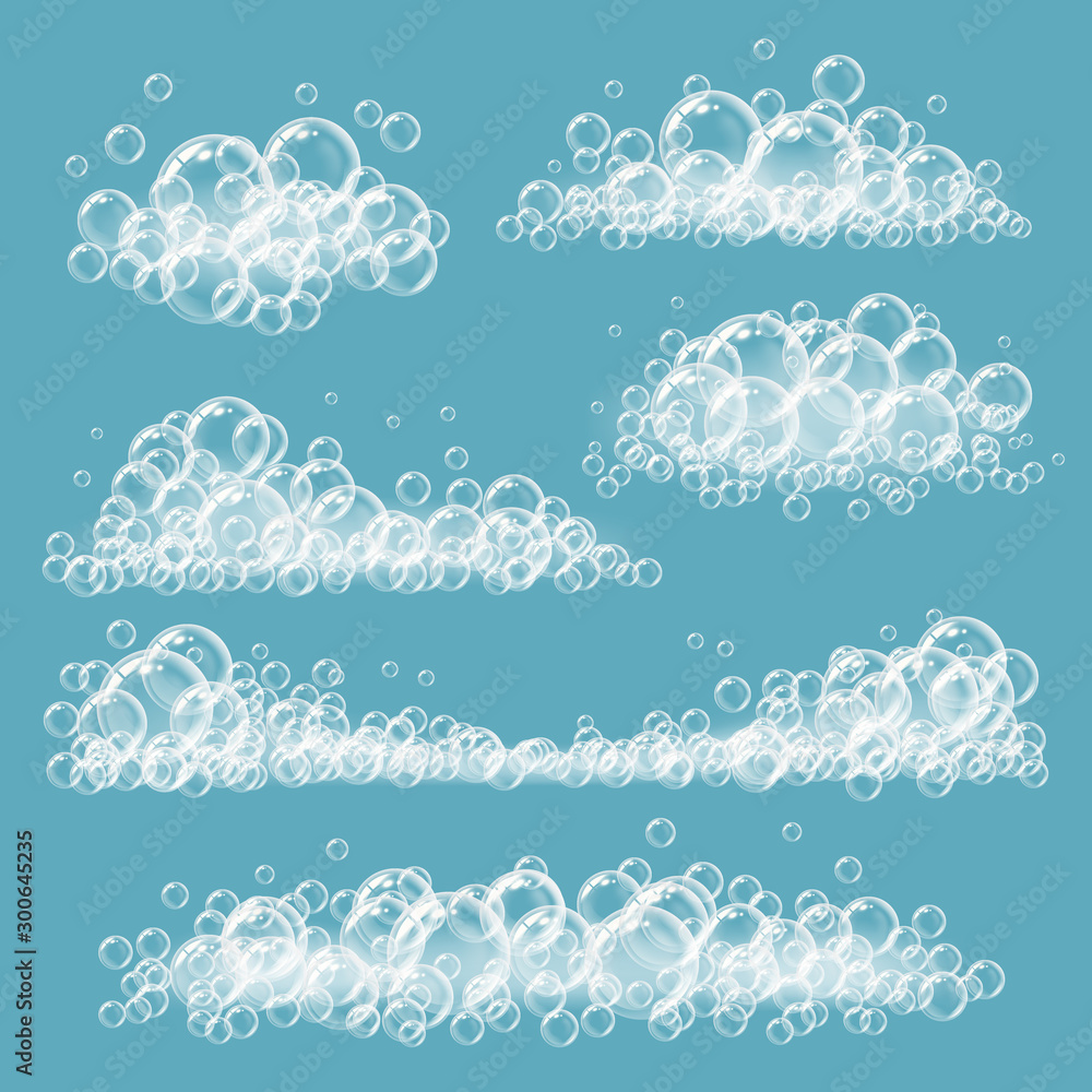 Foaming bubbles. Soapy transparent circles and balls white realistic vector foam templates. Foam water, detergent shampoo ball, bubble fresh clean illustration - obrazy, fototapety, plakaty 