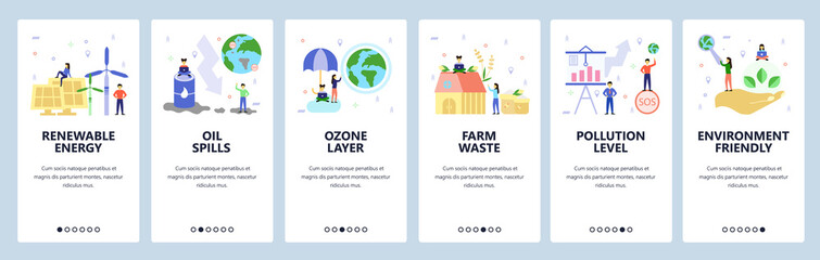 Wall Mural - mobile app onboarding screens. environmental problems, renewable energy, oil spills, ozone layer, ai