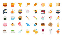 Big Set Of Food, Dishes Vector Icons. Fast Food Isolated Cartoon Style Flat Illustrations Collection 